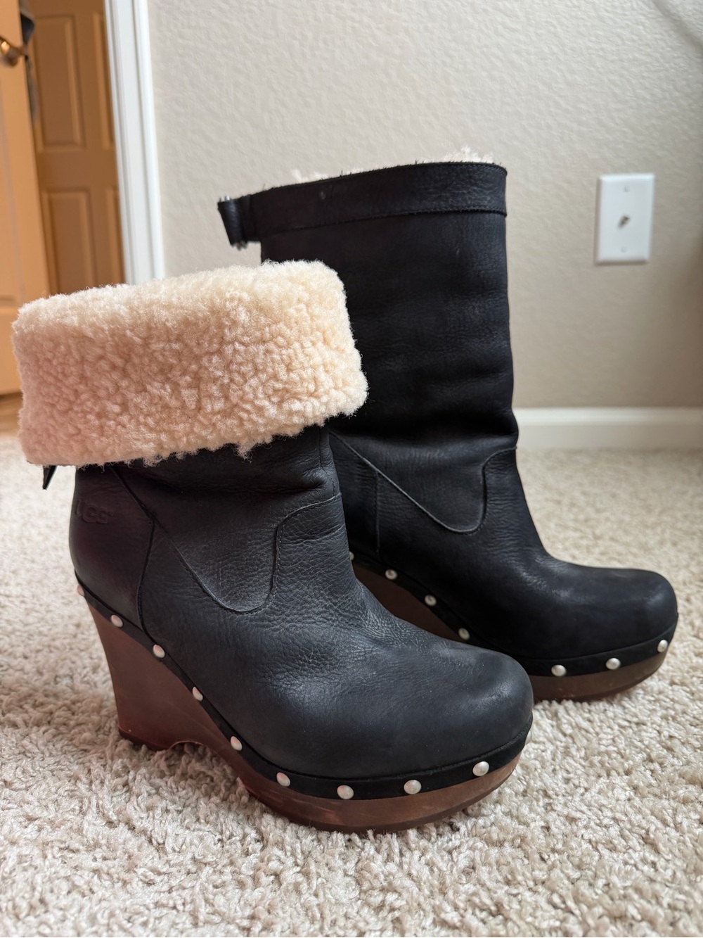 UGG Black Leather Shearling Cuff Wedge Boots